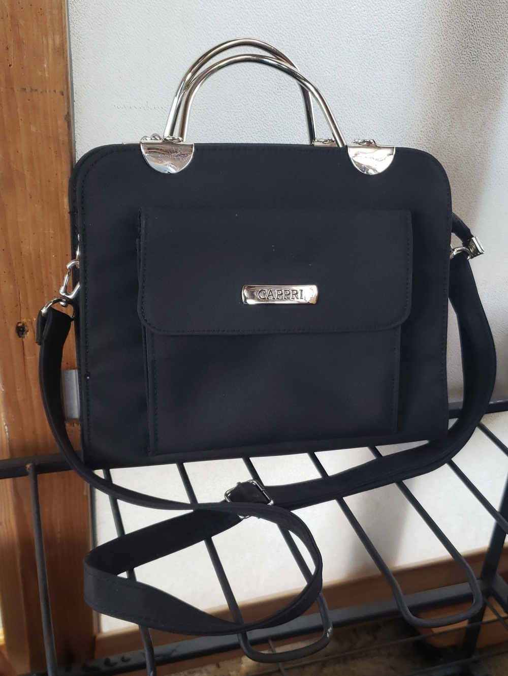 VNTG Cappri Black Structured Satchel Handbag Silver Metal Top Handle